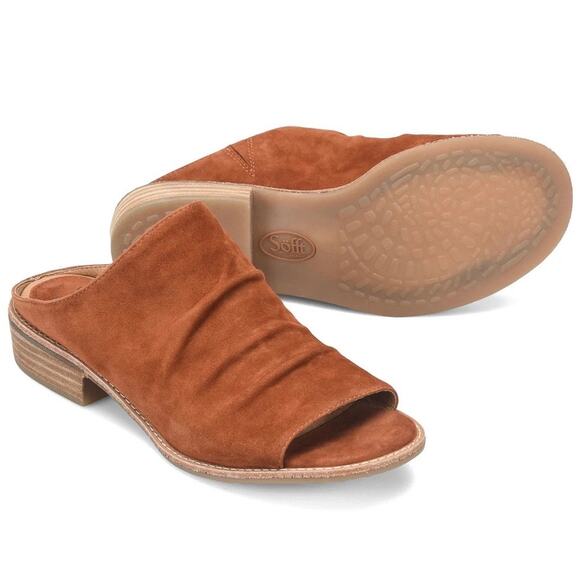 NIB Sofft Netta 8M 39 Open Toe Slip On Slide Sandals Suede Luggage - Picture 1 of 12